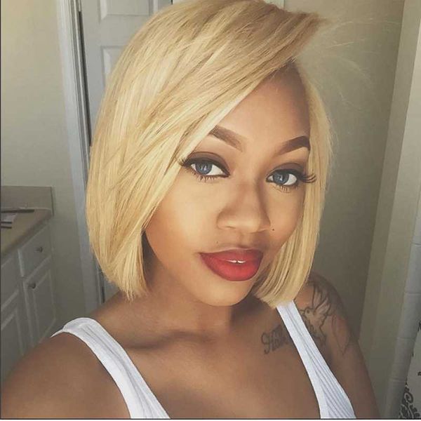 

honey blonde short bob lace front human hair wig soku brazilian straight 4x4 lace closure wig for black women preplucked bob, Black;brown