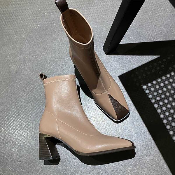 

2020 shoes woman genuine leather mixed colors thick heels winter boots slip-on ladies dress party ankle boots, Black