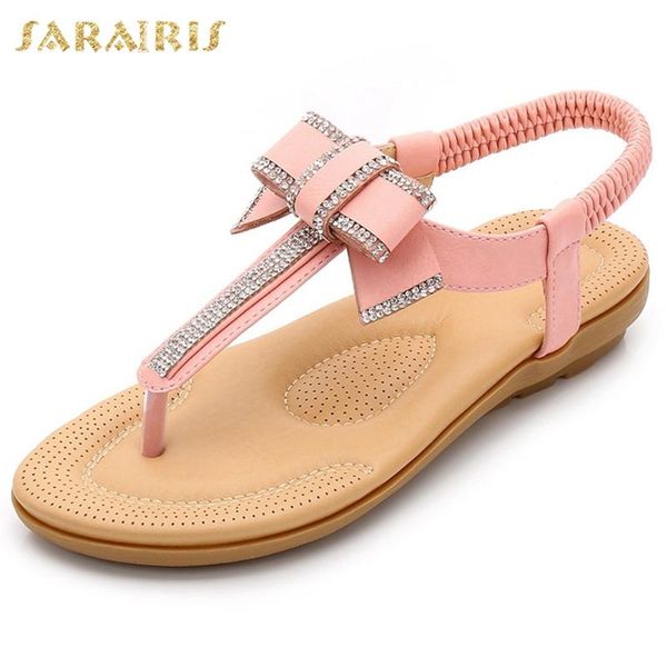 

sarairis 2020 new arrivals flat heel summer sandals women shoes sweet bowtie crystal elastic band casual dropship ins sandals, Black