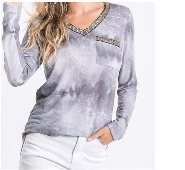 

tie dye designer womens tshirt loose long sleeve vneck sequins casual womens clothing with packet dropshipping, White