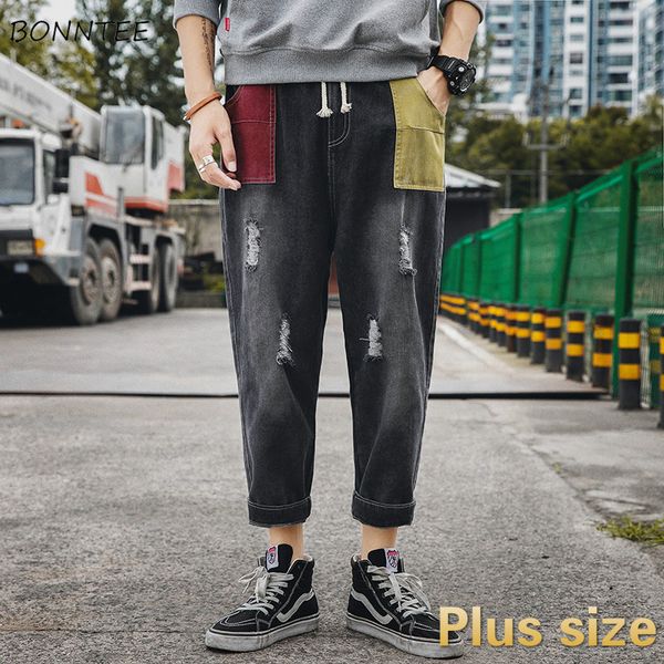 

jeans men drawstring plus size 5xl colorful pockets fur-lined frayed baggy korean style casual streetwear chic harem trousers, Blue