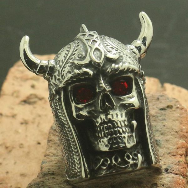 

men boy 316l stainless cool big skull red stone eye northern europe style viking ring, Golden;silver