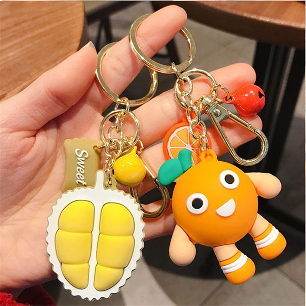 

cute 3d fruit keychain women cartoon durian pear lemon apple strawberry avocado orange car keyrings bag jewelry kids gifts, Silver