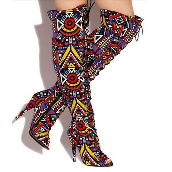 

2020 women multi folk printing thigh high boots high heels lace up ladies peep toe over knee mixed colors long knight botas, Black