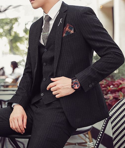 

excellent black stripe groom tuxedos notch lapel groomsman wedding 3piece suit men business prom jacket blazer(jacket+pants+tie+vest) 2662, Black;gray