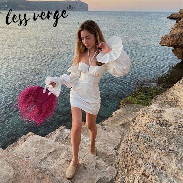 

lessverge women dress solid color wrap-around petal long-sleeved lace-up off shoulder bodycon white dress, Black;gray