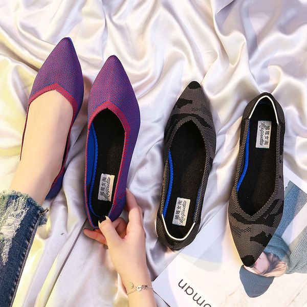 

34~44 large size knitted flats women pointed toe slip on loafers breathable comfortable ballet shoes woman autumn single shoes, Black