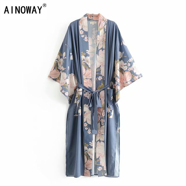 

boho vintage floral print sashes women bohemian v neck batwing sleeves ladies blouses happie maxi kimono robe, White