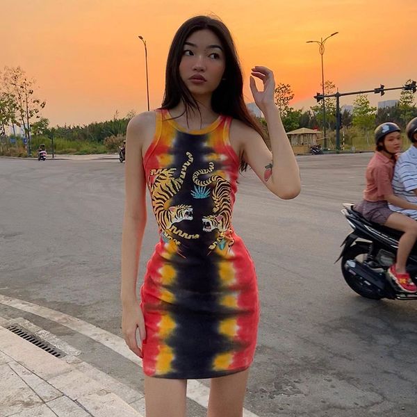 

womens dresses fashion tiger pattern long vest 2020 new bodycon tie dye printing dress for party 2020 new wholesale sale, White;black