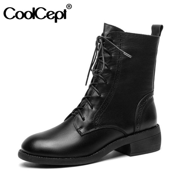 

coolcept women short boots real leather cross strap thick heel winter shoes woman zipper warm office lady footwear size 34-40, Black
