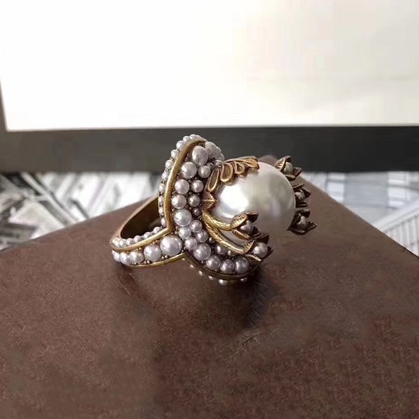 

2020 new brand fashion women vintage brass rings big pearl crystal party rings vintage big colorful crystal, Silver