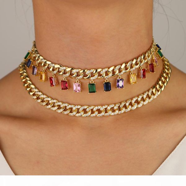 

gold filled wide iced out chain hiphop multi pendant choker necklace for women men rainbw baguette cz fashion wedding jewelry, Silver