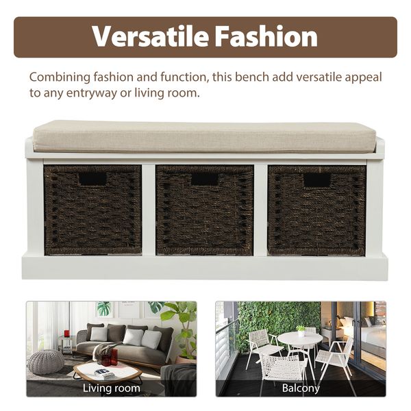 

trexm rustic storage bench with 3 removable classic fabric basket entryway bench storage bench with removable cushion white wf193443aak