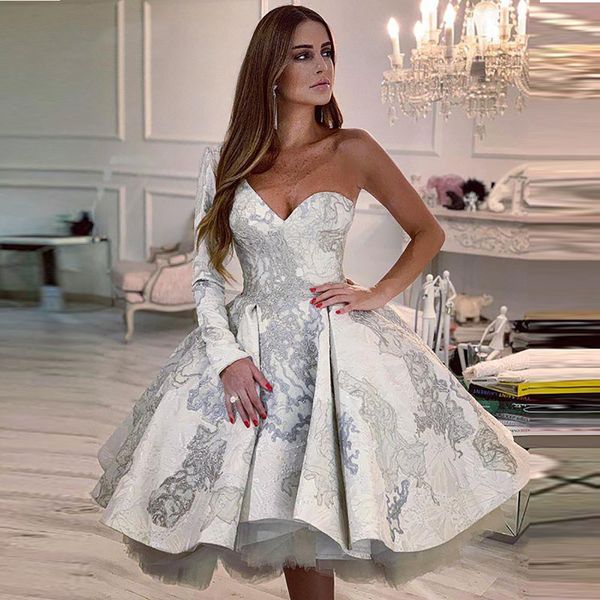 

one shoulder long sleeve lace short prom dress 2021 ball gown robe de soiree evening party gowns knee length evening dress, Black