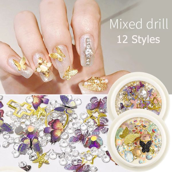 

3d butterfly nail art decorations 1 box mix shapes glitter diamond pearls metal nail art rhinestones gems decals, Silver;gold