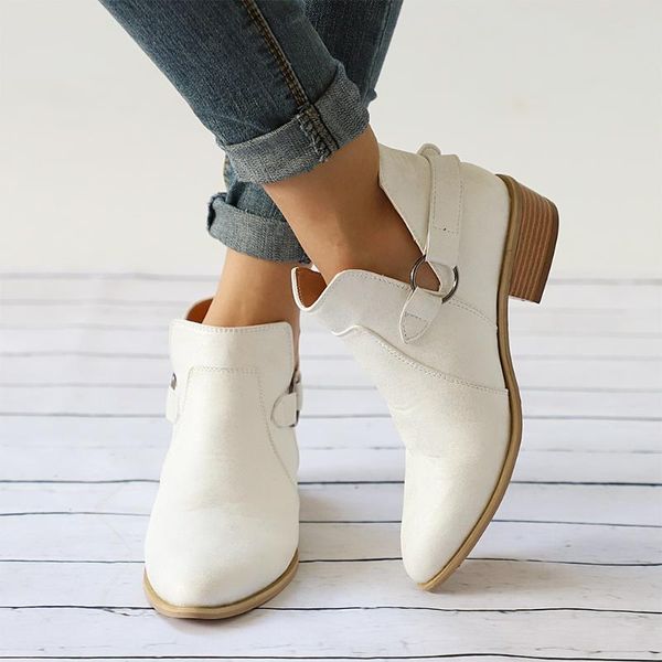 

ankle casual low heel pointed toe buckle v cut out fabala slip-on boots, Black