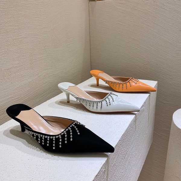 

elegant crystal tassel mules slippers woman solid color pointy toe slides stiletto high heels pantuflas 2020 chains women shoes, Black