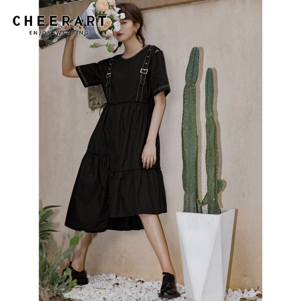 

cheerart contrast stitch ruffle dress women asymmetrical long summer casual t shirt dress open back korean fashion clothing, White;black