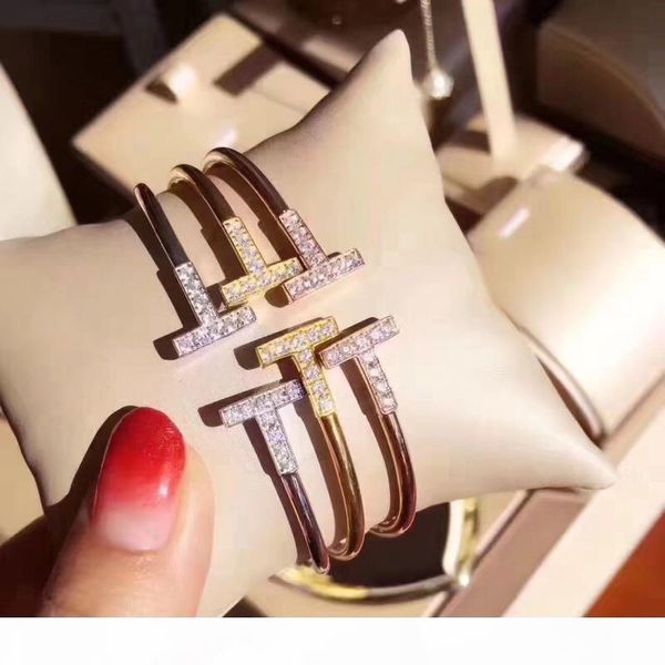 

luxury classic designer s925 sterling silver full zircon crystal double tt open bangle for women jewelry, Black