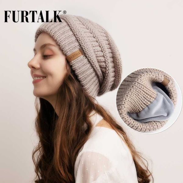 

furtalk slouchy beanie winter hat for women knitted warm fleece lining hat for female skullies beanies red yellow black grey cap, Blue;gray