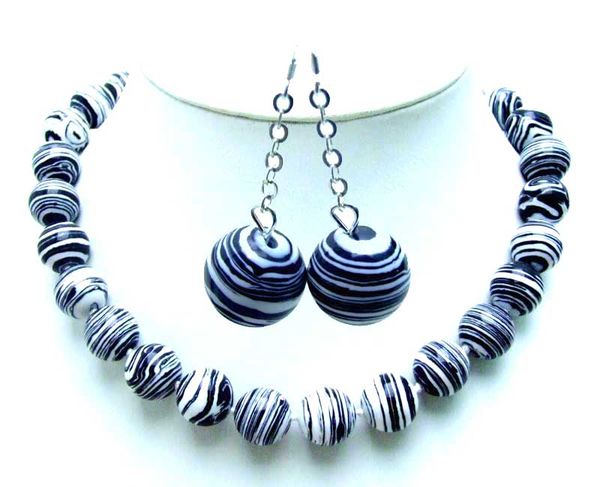 

qingmos round 14mm black zebra stripes agates necklace for women 18" chokers with dangle round earring for women set jewelry, Silver