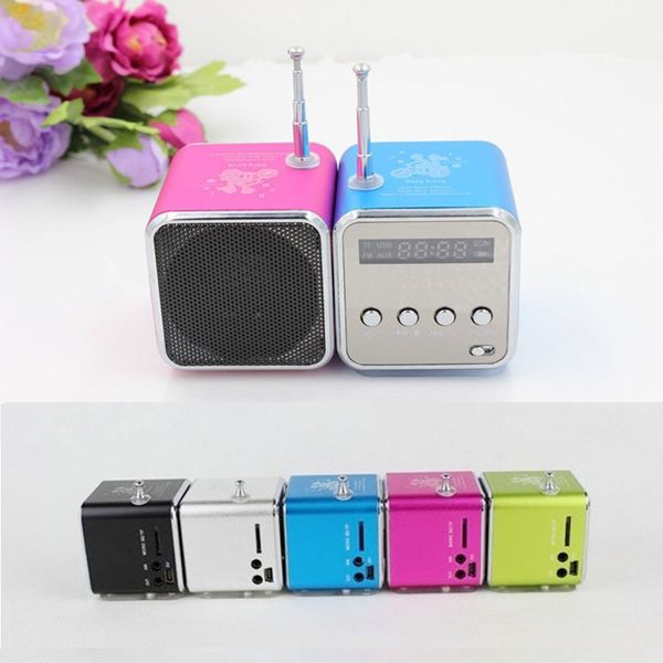 

portable speaker cube shaped support tf card usb fm radio with lcd and retractable antenna,aux input output stereo loudspeaker