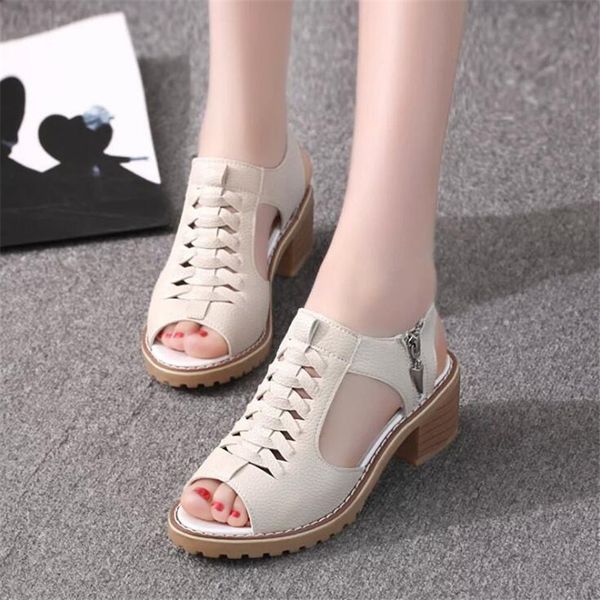 

sandals 2021 pu leather thick with female summer fish mouth zipper roman shoes solid color low-heeled women student, Black