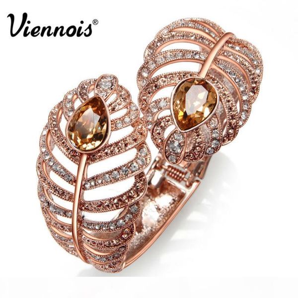 

viennois розовое золото цвет перо браслеты для женщин большой кристалл rhinestone полный выдалбливают браслет bangles luxury high jewelry q1, Golden;silver