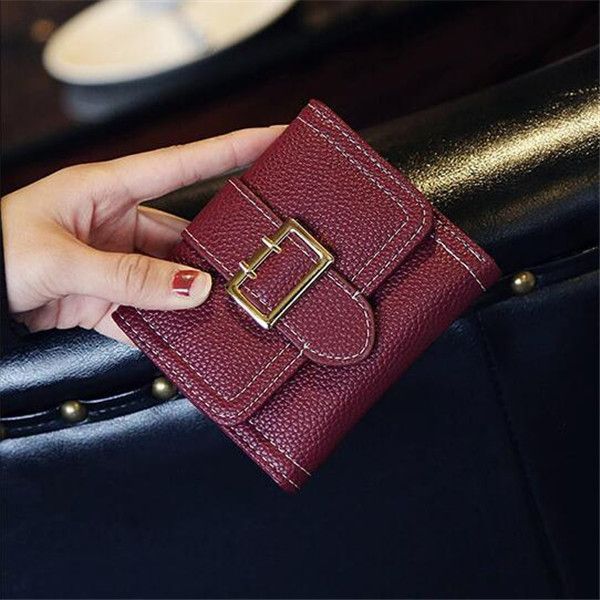 

wholesale women handbag folding leather short wallet multifunctional foldings leathers long wallets fashion belt buckle student purse, Red;black