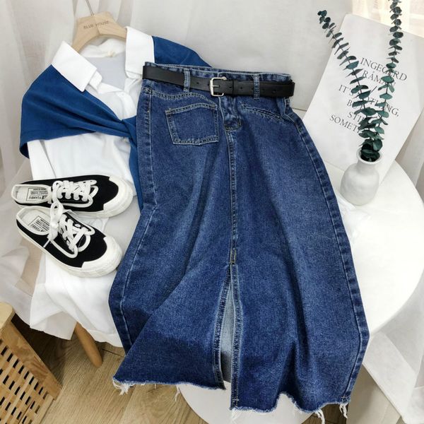 

nomikuma korean belt high waist women demin skirt causal jeans split a-line skirts 2020 autumn new faldas mujer moda 6b873, Black