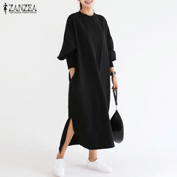 

casual dresses est 2021 zanzea women striped dress vintage long sleeve o neck loose split maxi plus size vestidos, Black;gray