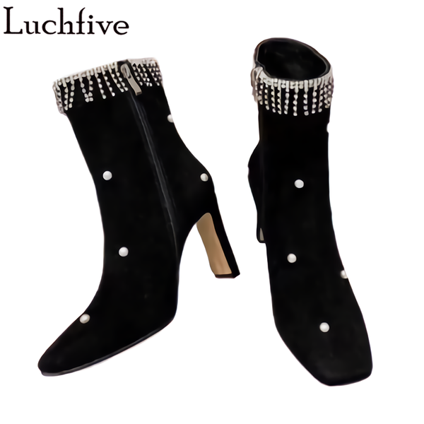 

crystal fringe kid suede boots women high heels party shoes square toe shoes woman tassels black ankle boots