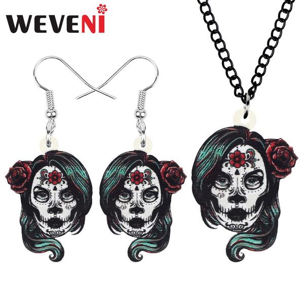 

weveni acrylic halloween flower female skull jewelry sets aesthetic earrings necklace for women friends kid party gift accessory, Silver