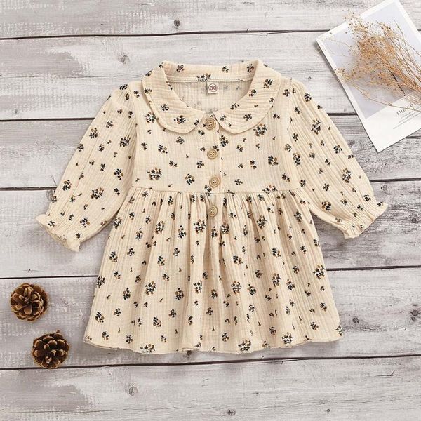 

girl's dresses toddler baby girls dress cotton linen ruffle solid flower print doll collar princess party long sleeve casual girl cloth, Red;yellow