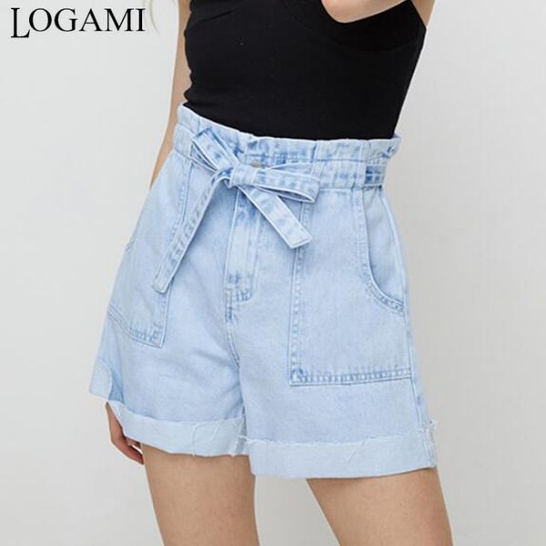 

logami short jeans sashes crimping high waist shorts women summer straight denim shorts plus size 4xl, Blue