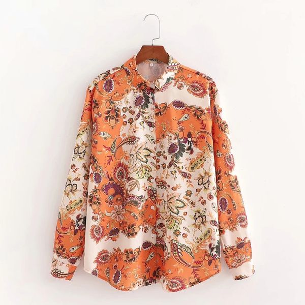 

vintage flower printing long sleeve woman shirt casual femme turn-down collar blouse lady loose smock blusas s7929, White