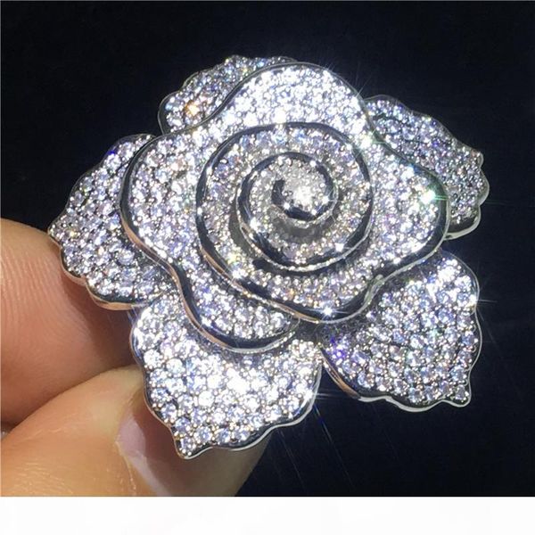 

big flower promise ring white gold filled 5a cz stone statement wedding band ring for women bridal party finger jewelry, Slivery;golden