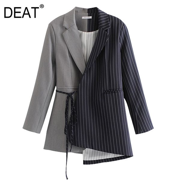 

deat] 2020 casual blazer coat women's outerwear lacing with blet striped patchwork full sleeve lapel new autumn design ar917, White;black