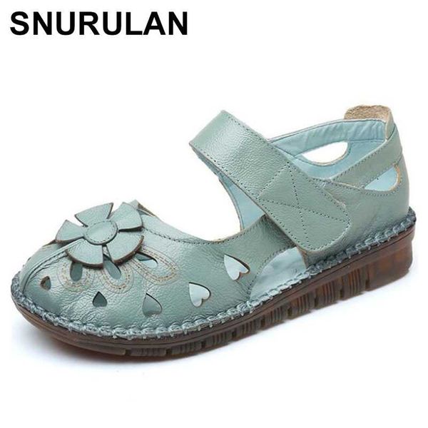 

snurulan women's flat sandals 2020 new arrival handmade flowers women genuine leather sandals casual summer hollow mother shoes, Black