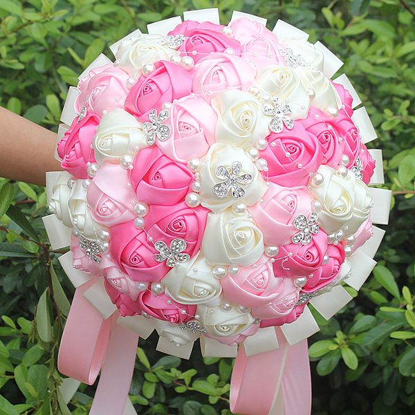 

sweety pink&pink ivory satin rose stitch bouquets custom ribbon pearl crystal wedding bridal bouquet flowers custom w224a-4
