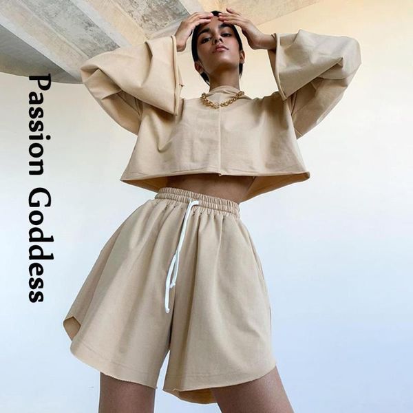 

casual women two pieces loose khaki sets lounge wear outfits flare sleeve oversized sweatshirts drawstring shorts 2 piece suits, Gray