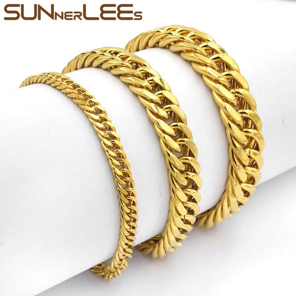 

sunnerlees jewelry stainless steel bracelet 5mm~11mm double curb cuban link chain silver color gold plated mens womens sc19 b, Black