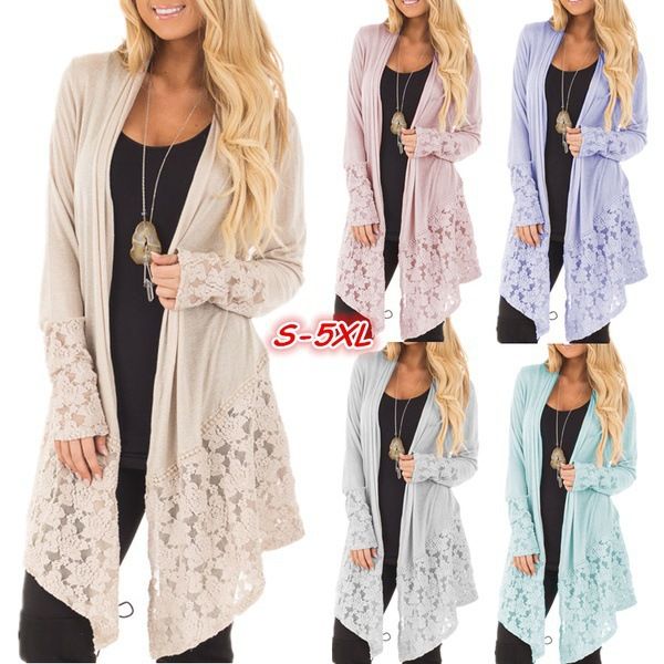 

Women Plus Size Lace Insert Longline Cardigan Sweaters & Cardigans New Arrival Casual Women Outwear 3 Color Size S-5XL