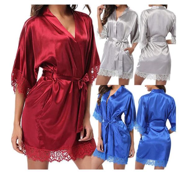 Abito blu + cintura + perizoma Abito da donna in raso Camicia da notte Cintura morbida Lingerie Accappatoio Accappatoio Pigiama Camicia da notte Lady Sexy Lace Up Sleepwear