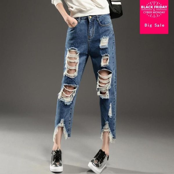 

streetwear ankle ankle-length hole jeans female 2020 casual straigh plus size jean pants spring mid waist jean women bottom gx85, Blue