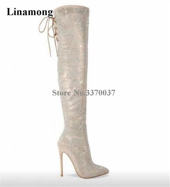 

новые дамы luxury остроконечные toe bling bling за колено rhinestone высокий каблук сапоги вернуться шнуровка кристалл длинные сапоги свадеб, Black
