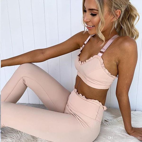 

women s 2 pieces set frill sports bra removeable bra highwaist pants set yoga wear set crossback bra and leggings tights, White;red