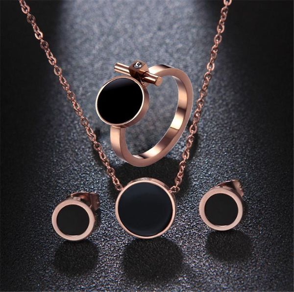 Set di gioielli in acciaio al titanio 316L Set di collane con orecchini ad anello in smalto nero in oro rosa