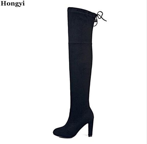 

hongyi est autumn winter designer boots women suede leather slim fit over the knee boots female stretch motorcycle boot, Black