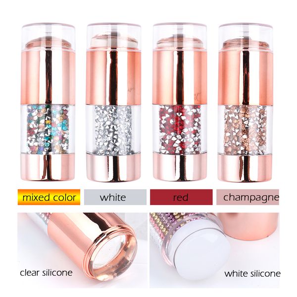 

1 set nail templates tool double head nails stamping plate scraper with cap clear white silicone champagne rhinestone design